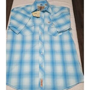 Rafter C Shirt Mens L Blue Plaid Snap Western‎ ProFlex 45 Stretch Short Sleeve